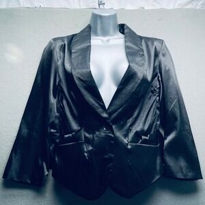 NWT Mod Modele women blazer satin‎ black medium single button 3/4 sleeve bows
